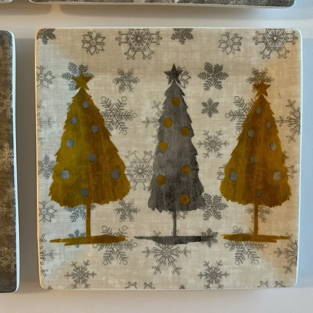 PPD Set of 4 Gold Gray Contemporary Appetizer Christmas Plates Bone China